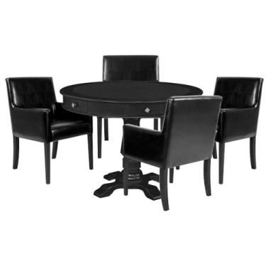 Imagem de Mesa de Jogos Carteado Redonda Victoria Tampo Reversível Preto com Kit 4 Cadeiras Liverpool PU Preto Liso - Gran Belo