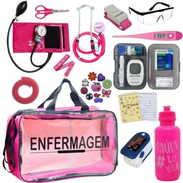 Imagem de Kit Bolsa Transparente Aparelho de Pressão Aneroide Medidor de Glicose