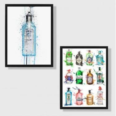 Imagem de Kit 2 Quadros Decorativos Garrafas de Gin 45x34cm - com vidro - Quadro