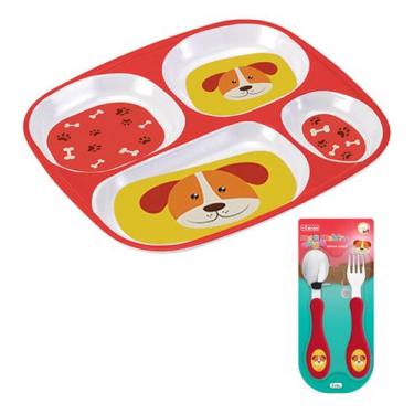 Imagem de Kit Prato Infantil Bebe Com 4 Divisórias + Talheres Bichinho - Zein