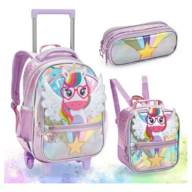 Imagem de Kit mochila escolar rodinha unicórnio + estojo + lancheira - Denlex