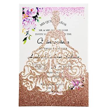 Imagem de FLZOPYNE Kit de convites de quinze anos de ouro rosa, 20 peças, corte a laser, vazado, para meninas, com envelopes, coroa, cartões de convites para festa de aniversário de quinze anos