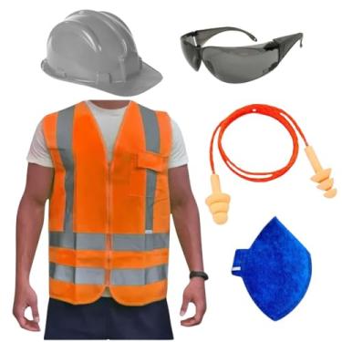 Imagem de Kit Obra Óculos Croma Capacete de Proteção Colete Refletivo Protetor Auricular Máscara PFF2 EPI (Cinza, G)