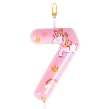 Imagem de Unicórnio rosa 7 velas, número 7, velas de aniversário, topo de bolo numeral, decorações de aniversário fofas para meninas, artigos de festa, aniversário, lembrancinhas temáticas
