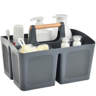Imagem de ALINK Cesto de chuveiro portátil com compartimentos, organizador de limpeza dividido de plástico, bolsa organizadora com alça para banheiro, faculdade, itens essenciais de dormitório, cinza escuro