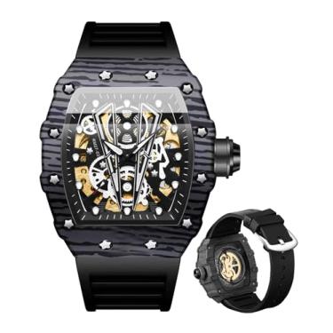 Imagem de BINBOND Relógio masculino automático quadrado esqueleto mecânico corda automática moda pulseira de silicone relógio de pulso masculino à prova d'água luminoso, Preto, relógios masculinos