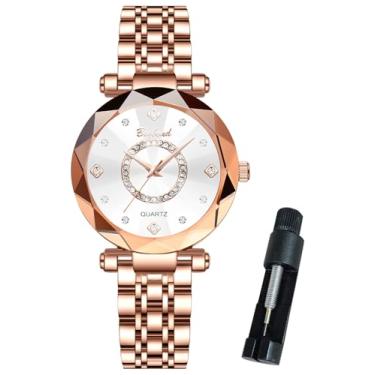 Imagem de BINBOND Relógios femininos ouro rosa luxo diamante moda elegante aço inoxidável feminino relógio de pulso feminino presente à prova d'água, Branco, relógios femininos