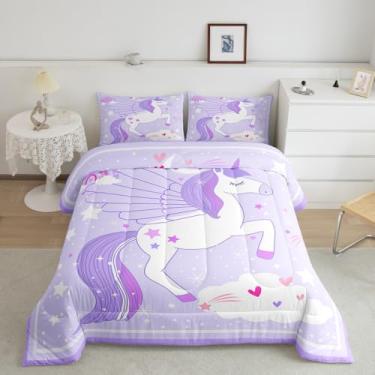 Imagem de Feelyou Conjunto de cama casal de unicórnio roxo para crianças, meninas, conjunto de edredom fofo, arco-íris, estrela, amor, coração, 3 peças
