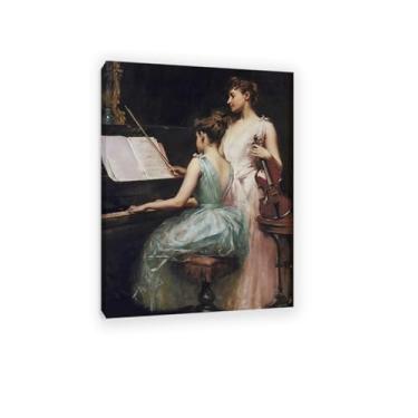 Imagem de SDYJ6GSW Retrato francês antigo mulher tocando piano lendo bar vintage impressão bailarina baile de máscaras pintura sala de estar decoração de casa 55 x 40 cm (22 x 16 pol) moldura interna