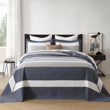 Imagem de FineStichery Colcha King de algodão 304,8 cm x 304,8 cm - Conjunto de colcha grande com fronhas, colcha de cama listrada azul leve e cinza, capa de cama moderna acolchoada reversível