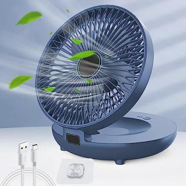 Imagem de soputry Ventilador de cozinha doméstico de uso duplo, ventilador de parede recarregável ventilador de mesa dobrável de 90°, ventilador de mesa portátil de 3 velocidades com gancho, mini ventilador portátil para mesa de quarto e casa (azul)