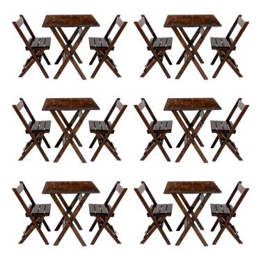 Imagem de Kit 6 Conjuntos Mesa Dobrável Para Bar E Restaurante 60x60cm Com 2 Cadeiras Em Madeira Maciça - Imbu - Marrom