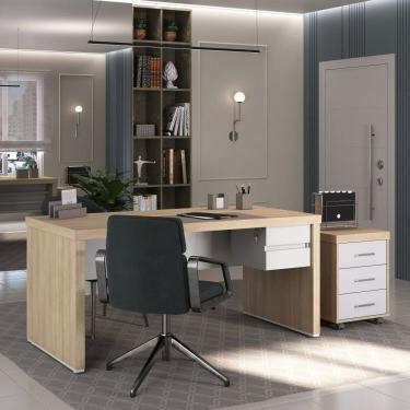 Imagem de Conjunto Para Escritório Executivo 3 Peças Mesa Tamburato Com Módulo Suspenso E Gaveteiro 3 Gavetas Carvalho-branco