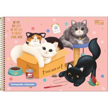 Imagem de Caderno De Desenho Purrfect Cats Tilibra Capa Dura Espiral - 80 Folhas Fundo Rosa