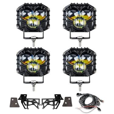 Imagem de HENGTUAOTO Pacote Com 4 Holofotes De 2,5 Polegadas, Três Olhos, 120 W, 10800 Lm, Cápsulas Duplas, Suportes Montagem Dobradiça Para-Brisa, Pilar A, Kit Chicote Elétrico Para Wrangler Jk/Jku 2 Portas