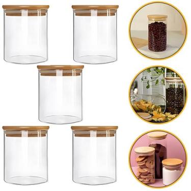 Imagem de Kit 5 Potes Temperos 500ml Mantimento Vidro Liso Tampa De Bambu Reforç