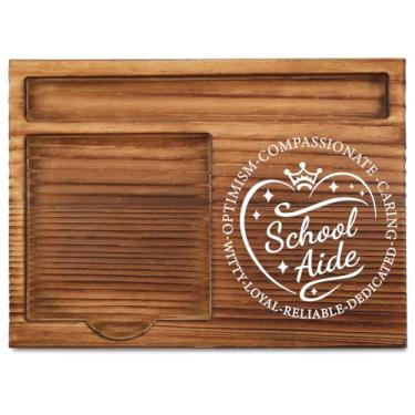 Imagem de THRXOBN Organizador de mesa elegante para auxiliares escolares e educadores – Madeira natural com compartimentos para notas, canetas e pequenos materiais de escritório – Solução de armazenamento