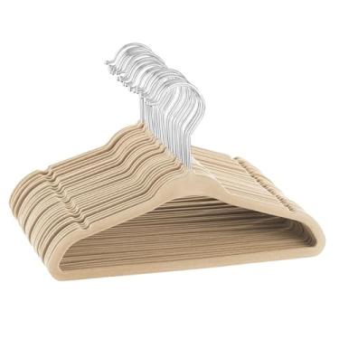 Imagem de Kit com 10, 20, 30, 40, 50, 100 Unidades de Cabides de Veludo Adulto Slim Ultra fino Antiderrapante Roupas Gancho 360° Organizador Armário Closet Reforçado Multifuncional Não Escorrega (10, Bege/Nude)