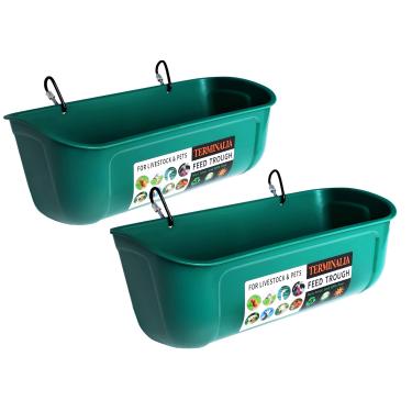 Imagem de Terminalia Pacote com 2 alimentadores de frango de pato | Calha de alimentação para cerca | Calha de água de peru de ganso com clipes | Recipiente de alimentação para gado | Balde de calha de