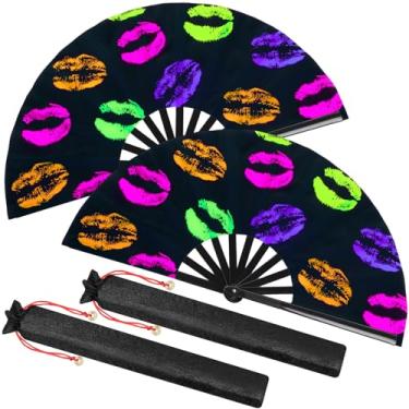 Imagem de Boao 2 peças de leques de mão dobráveis grandes para homens e mulheres Fã de festival chinês dobrável UV Glow Fan com bolsas para dança em linha, kungfu, festa de festival de música, discoteca