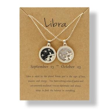 Imagem de 12 colares de constelação do zodíaco com pingente de moeda de disco redondo de ouro para casal, amizade, melhor amigo, dia e noite, colares de equilíbrio Yin Yang para mulheres e homens, personalidade