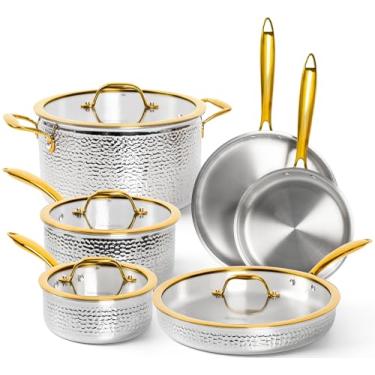 Imagem de MICHELANGELO Conjunto De Panelas E Frigideiras Aço Inoxidável Triply, 10 Peças Marteladas Com Cabo Dourado, Utensílios Cozinha Indução Premium, Próprios Para Forno