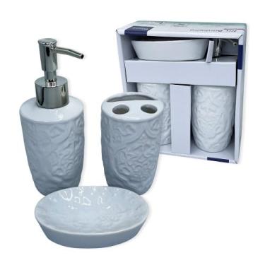 Imagem de Kit para Banheiro em Porcelana, 3 Peças, Branco com Relevo Arabesco, Porta Sabonete Líquido 280ml, Porta Escovas, Saboneteira