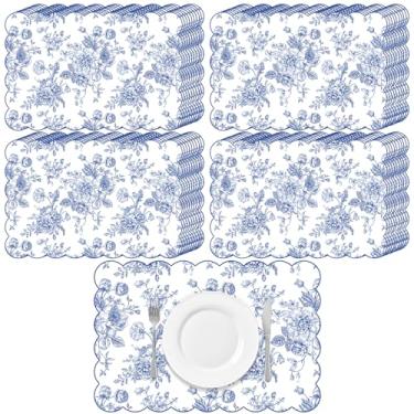 Imagem de Gandeer 60 peças de material de festa floral azul presente descartável jogo americano de mesa recortada 43 x 29 centímetros tapetes de papel decorativos a granel para mesa de jantar, casamento, Natal