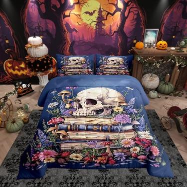 Imagem de Conjunto de edredom Queen com livros de caveira, para crianças, adultos, flores góticas, para decoração de quarto de crianças, homens, adolescentes, estilo casa de fazenda, conjunto de edredom com 3