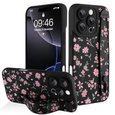 Imagem de AIGOMARA Capa para iPhone 16 Pro com alça para mulheres e meninas, linda estampa floral rosa, capa protetora de silicone com suporte de faixa macia, preta