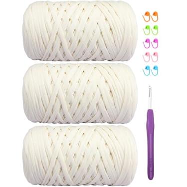 Imagem de Camiseta de 400 g de tecido elástico de crochê para tricô DIY, fio de crochê grosso espaguete para mão, bolsa faça você mesmo, cesta, projetos de crochê, decoração de casa (bege)