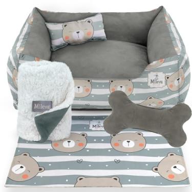 Imagem de Cama Pet Camurça + Coberdrom + Brinquedo Ossinho + Tapetinho Estampado 05 Peças - Ursos – Premium 2 (70x70 cm, Ursinho Fofura)