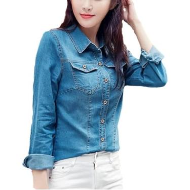 Imagem de Camisa Feminina De Manga Comprida Slim Jeans Casual Vintage Elastic Denim Camisas Blusas E Tops, Light Blue, XL