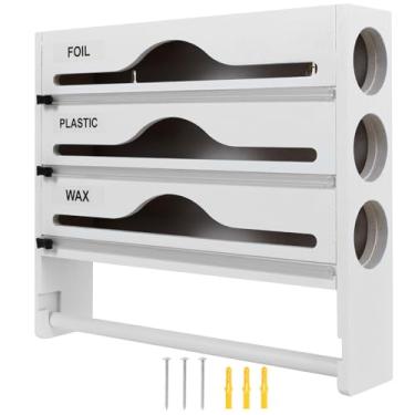 Imagem de ZJRDYYK Organizador de folha de bambu e plástico para envoltório plástico, cortador dispensador de papel de alumínio e cera, dispensador de filme aderente e cortador para rolo de 30 cm (branco)