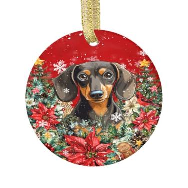 Imagem de Enfeites de dachshund de Natal, decoração de árvore de Natal, presentes de aniversário para mulheres amantes de cães, presentes de férias de ano novo, decoração de carro, enfeite redondo de cerâmica