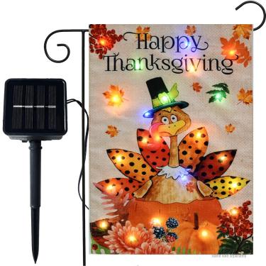 Imagem de WDGG Feliz Dia de Ação de Graças Bandeira de Jardim de Peru com Luzes - Serapilheira de LED Solar - Mini Bandeiras de Quintal de Peru de Ação de Graças 12X18 Dupla Face para Jardim Pátio Gramado Quint