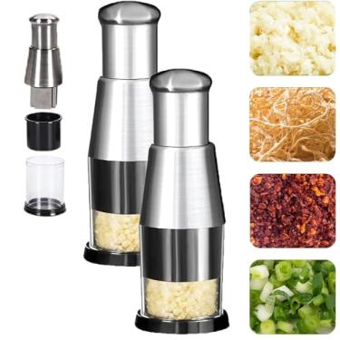Imagem de FALESOUL 2 peças de cortador manual prensado, mini cortador de alimentos compacto 2024, cortador de alimentos pequeno de aço inoxidável, espremedor de alho manual multifuncional para picar alho