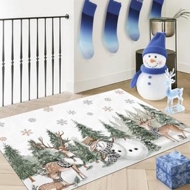 Imagem de Livcoz Tapete lavável de rena de boneco de neve de inverno, 5 x 8 m, pinheiro, macio, antiderrapante, pequeno, decoração de casa, tapete de entrada de Natal, tapete de chão, sala de estar, quarto