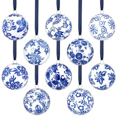 Imagem de 10 bolas de porcelana de Natal a granel chinoiserie esferas azuis e brancas ornamentos de 5 cm bolas para pendurar decoração de cerâmica para árvore de Natal, festa em casa, suprimentos decorativos