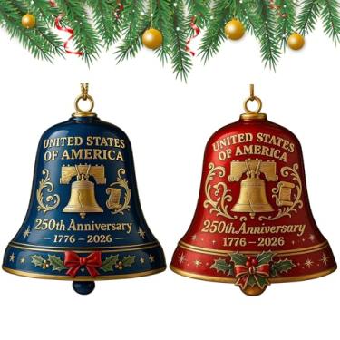 Imagem de 2 peças de enfeite de sino de 250º aniversário dos Estados Unidos, ornamento 3D 250º aniversário dos EUA, sino de metal feito à mão para árvore de Natal, janelas, carros