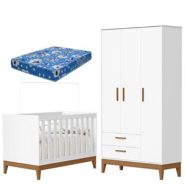 Imagem de Guarda Roupa Infantil 3 Portas Com Berço Americano Flip Branco Acetinado Com Colchão - Reller