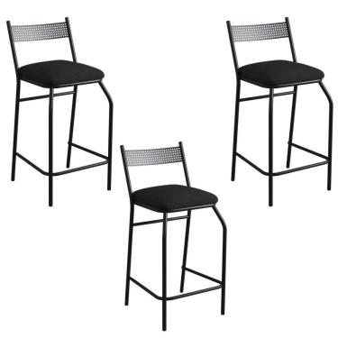 Imagem de Kit 03 Banquetas Alta Com Encosto Ibiza Industrial Para Balcão Cozinha Sintético Preto - Aurora Line