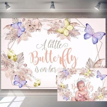 Imagem de 2,1 x 1,5 m Boho Butterfly Pano de fundo para chá de bebê, flores boho, borboletas coloridas, fundo fotográfico para meninas, decoração de festa de chá de bebê, uma pequena borboleta está a caminho