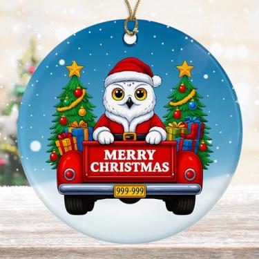 Imagem de DamienBrightGift Enfeite de Natal de Papai Noel com coruja nevada - Caminhão vermelho de cerâmica com decoração de árvore - Presente de lembrança de feriado para amantes de pássaros fofo - Decoração