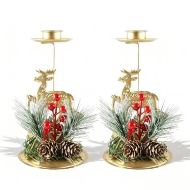 Imagem de ABTOLS Castiçais de rena de Natal com baga vermelha, castiçal dourado para vela cônica, suporte de luz de chá para mesa de centro de mesa, ornamentos festivos de Natal, decoração de casa, conjunto de