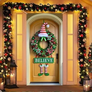 Imagem de BlissYard Capa de porta de Natal, guirlanda de elfo de Natal, faixa de fundo para fotografia, ornamentos de bengalas de doces, porta da frente, sinal de varanda de inverno, Natal, Ano Novo 178 x 89