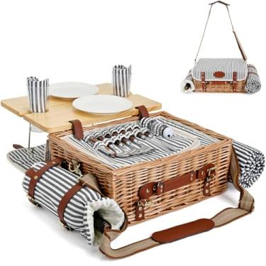 Imagem de Conjunto de cesta de piquenique multifuncional de vime para 2 com cobertor e mesa de piquenique, conjunto de piquenique isolado com utensílios de mesa completos para acampar ao ar livre, casais