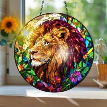 Imagem de Apanhador solar de acrílico colorido, estilo vitral com estampa de leão animal com reflexos de arco-íris, arte de parede para decoração de janela suspensa, ornamentos de Natal para uso interno e