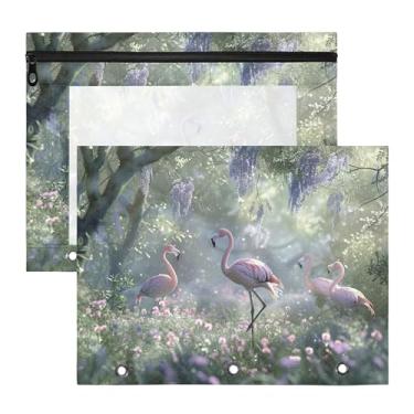 Imagem de SEHANY Pasta de lápis flamingo rosa com 3 anéis - bolsa de documentos com zíper tamanho A4 com janela transparente para sala de aula, escritório, 2 peças