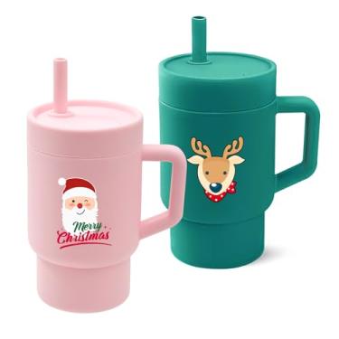 Imagem de DLOCCOLD Copo de canudo de silicone, adorável copo em miniatura com alça de canudo à prova de derramamento, copo de 293 ml, fácil de limpar